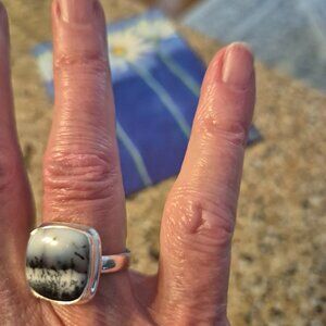 TRIBAL VOICES - Sterling Silver and Moss Agate Ring.  Size 8